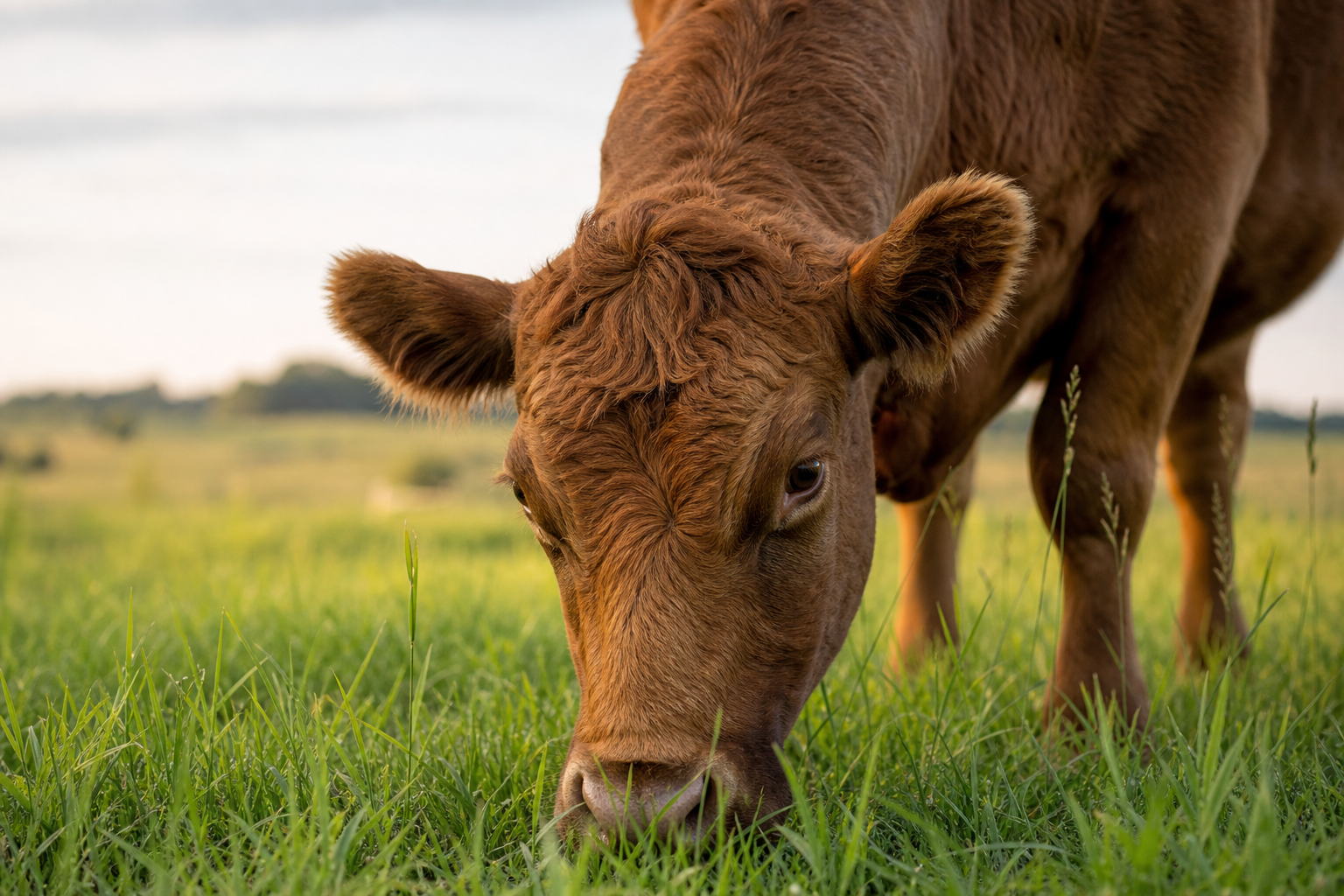 A close-up of a beef cow eating grass in a pasture.