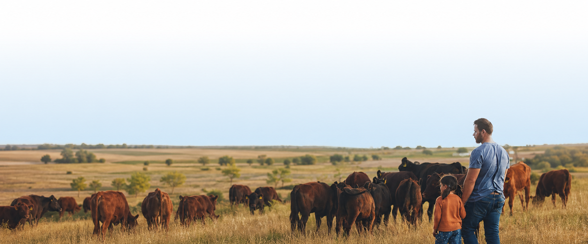 A farmer and child standing with cattle in a wide pasture landscape.