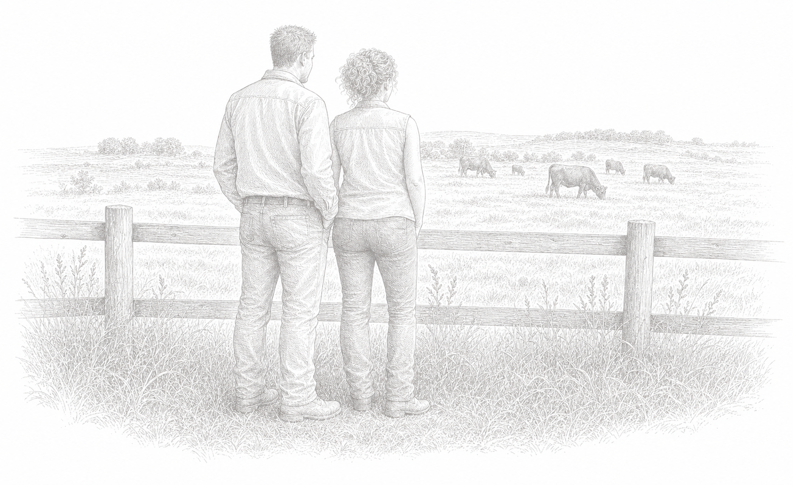 An illustration of Mark and Cindy Beukema standing together in a pasture.